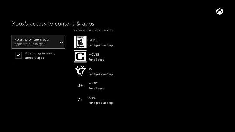 Xbox One Listings settings