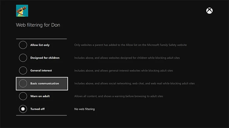 Xbox One Web filtering